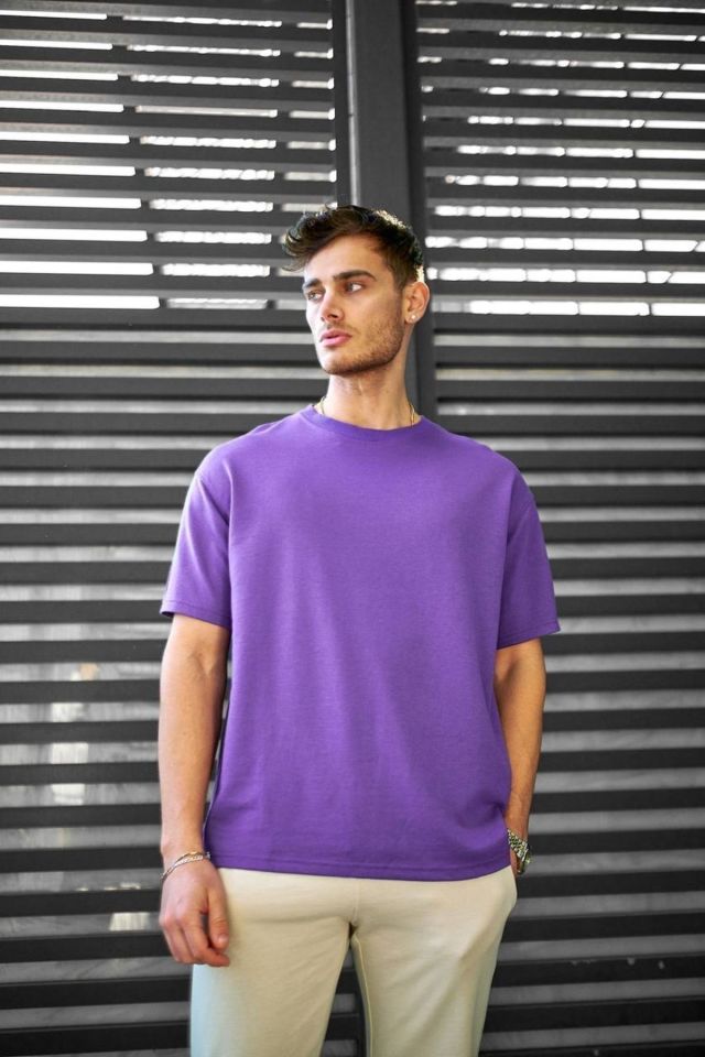 Pamuklu Unisex Oversize Basic T-shirt AÇIK MOR - L