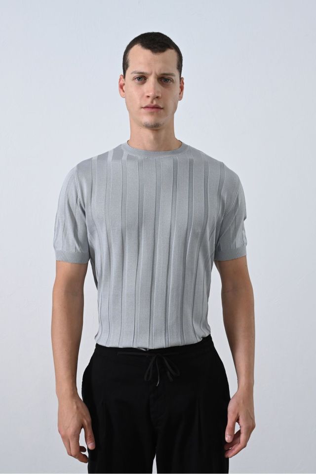 Premium Şeritli Triko T-shirt GRİ - L