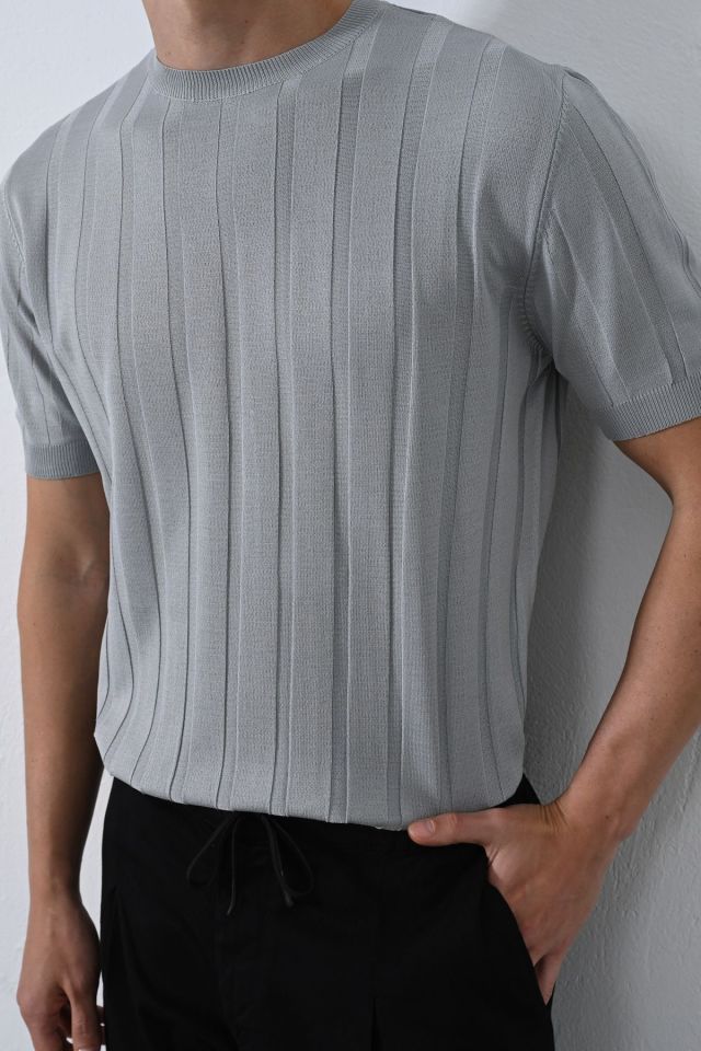 Premium Şeritli Triko T-shirt GRİ - L