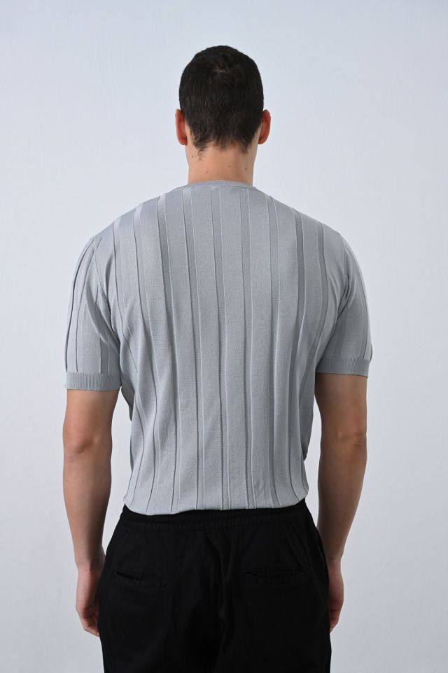 Premium Şeritli Triko T-shirt GRİ - L
