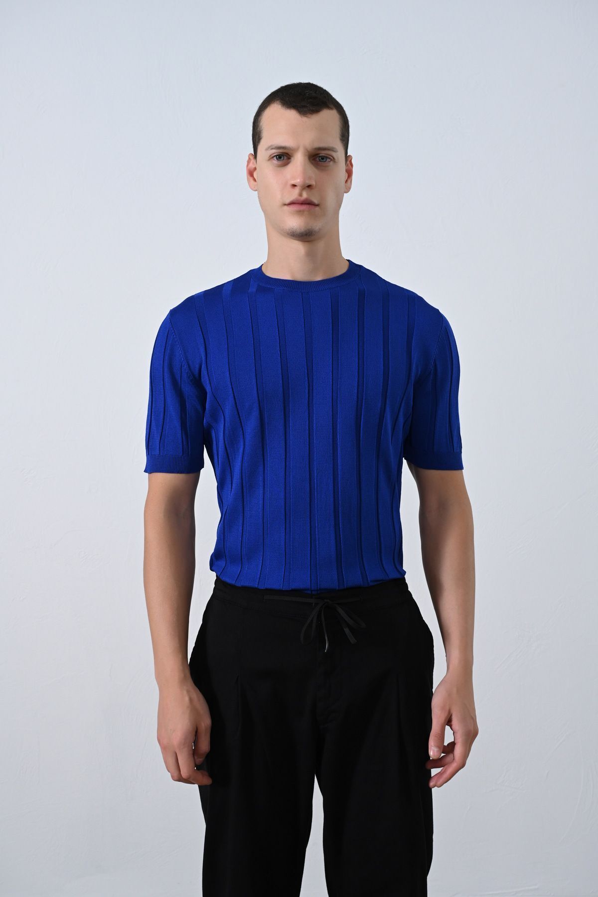 Premium Şeritli Triko T-shirt Saks - S