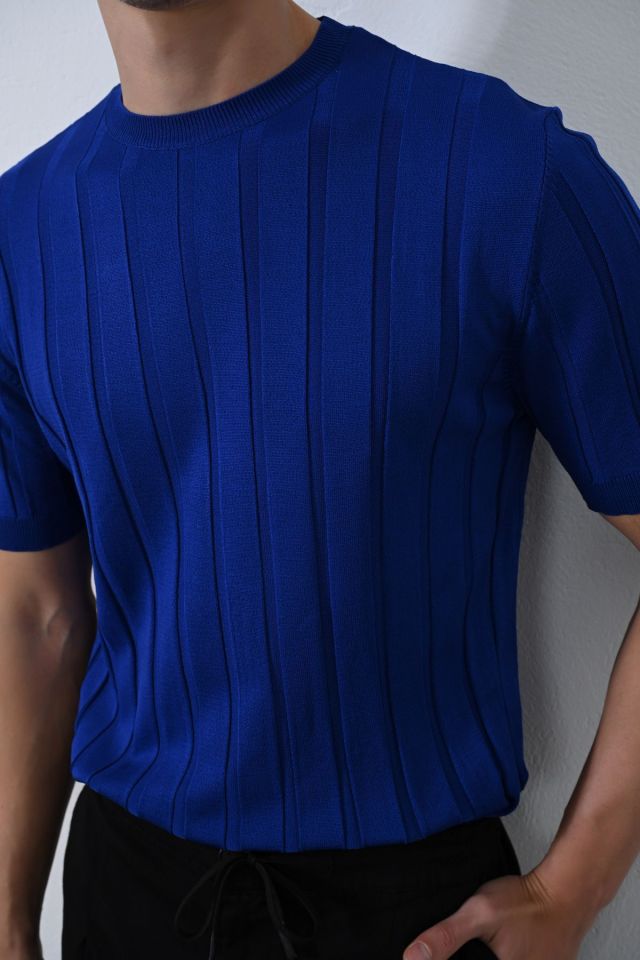 Premium Şeritli Triko T-shirt Saks - S