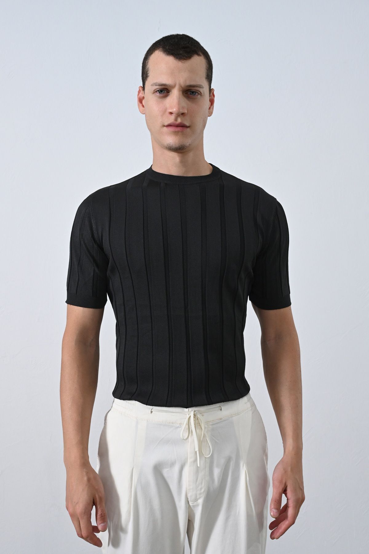 Premium Şeritli Triko T-shirt SİYAH - M