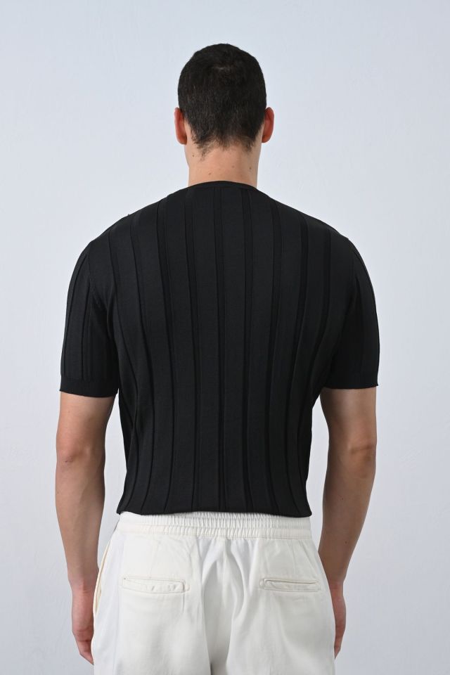 Premium Şeritli Triko T-shirt SİYAH - M
