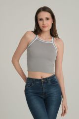 Çizgili Crop Kadın Triko GRİ