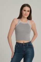 Çizgili Crop Kadın Triko GRİ