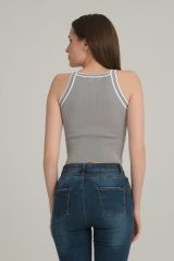 Çizgili Crop Kadın Triko GRİ