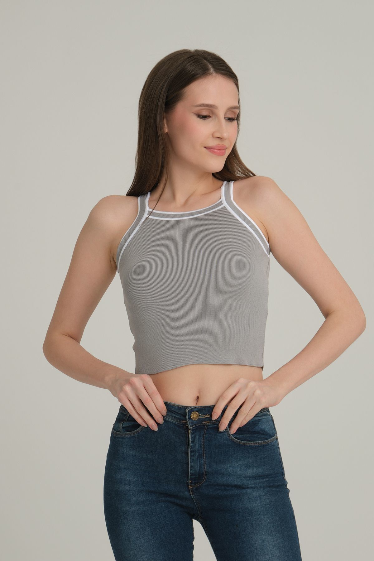 Çizgili Crop Kadın Triko GRİ