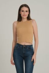 Çizgili Crop Kadın Triko VİZON