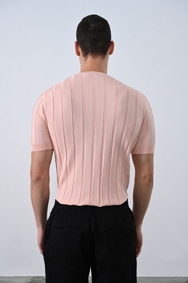 Premium Şeritli Triko T-shirt Pudra - S