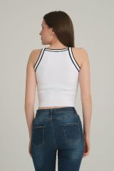 Çizgili Crop Kadın Triko BEYAZ KOL ÇİZGİLİ