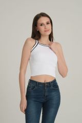 Çizgili Crop Kadın Triko BEYAZ KOL ÇİZGİLİ