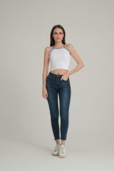 Çizgili Crop Kadın Triko BEYAZ KOL ÇİZGİLİ