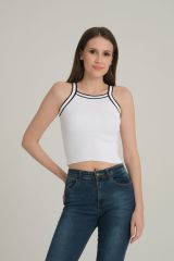 Çizgili Crop Kadın Triko BEYAZ KOL ÇİZGİLİ