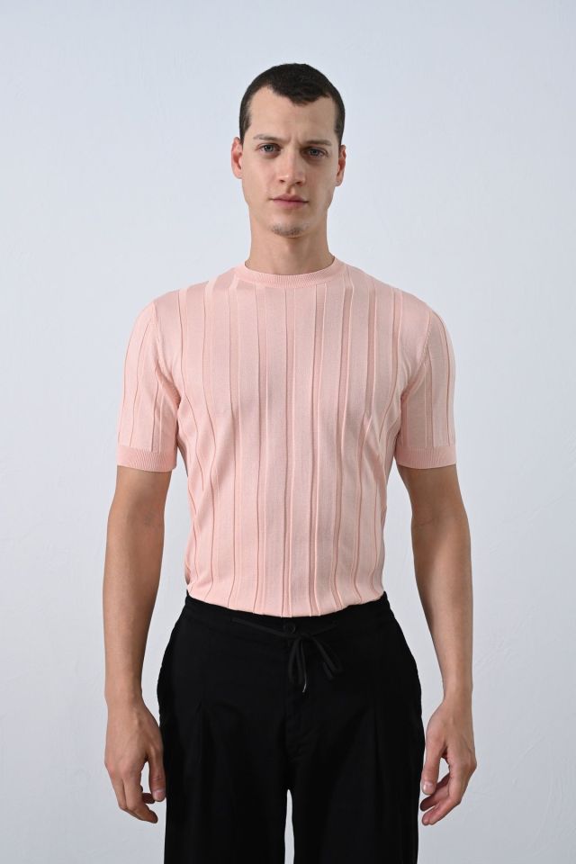 Premium Şeritli Triko T-shirt Pudra - S