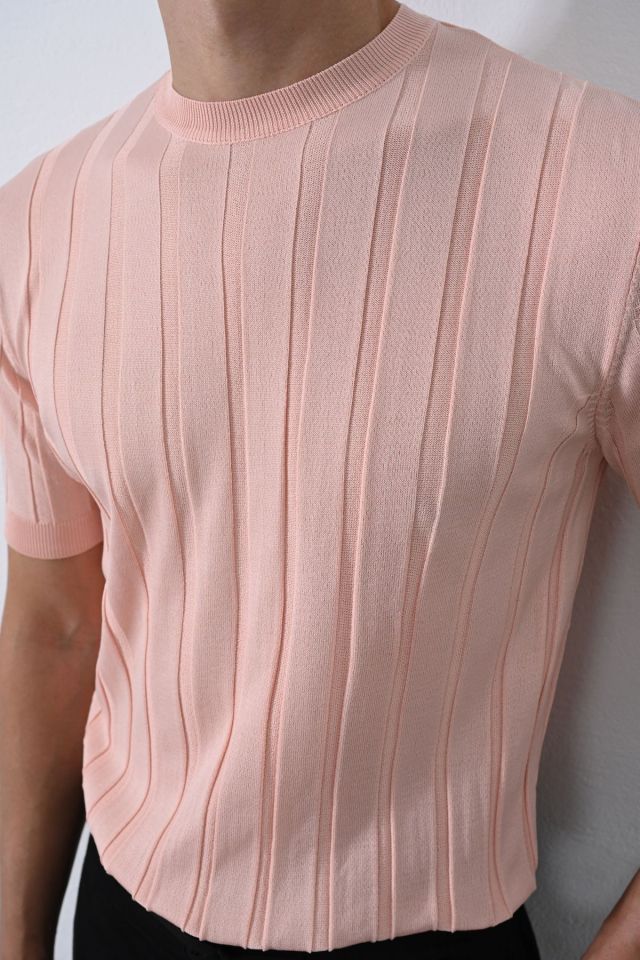 Premium Şeritli Triko T-shirt Pudra - S
