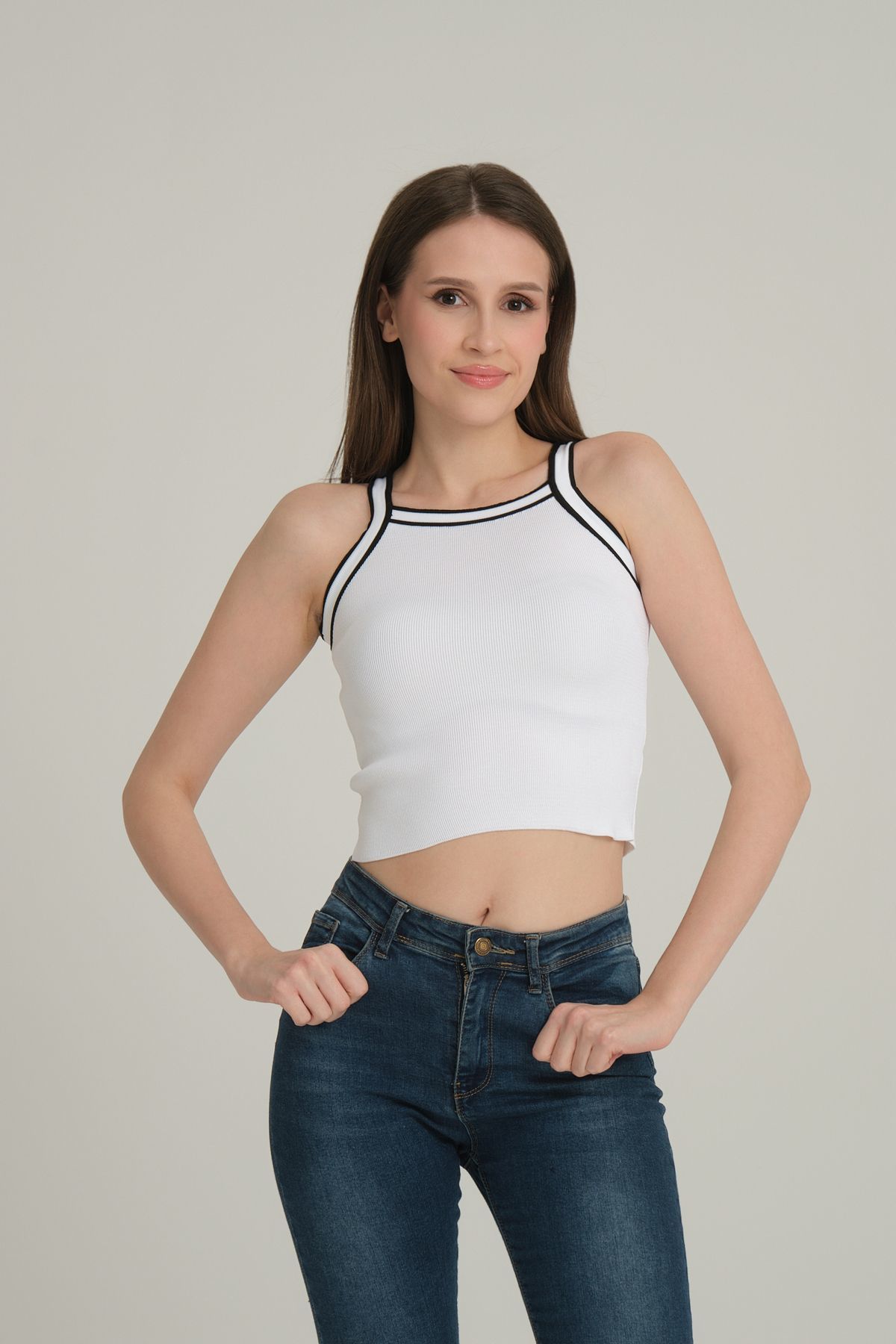 Çizgili Crop Kadın Triko BEYAZ KOL ÇİZGİLİ