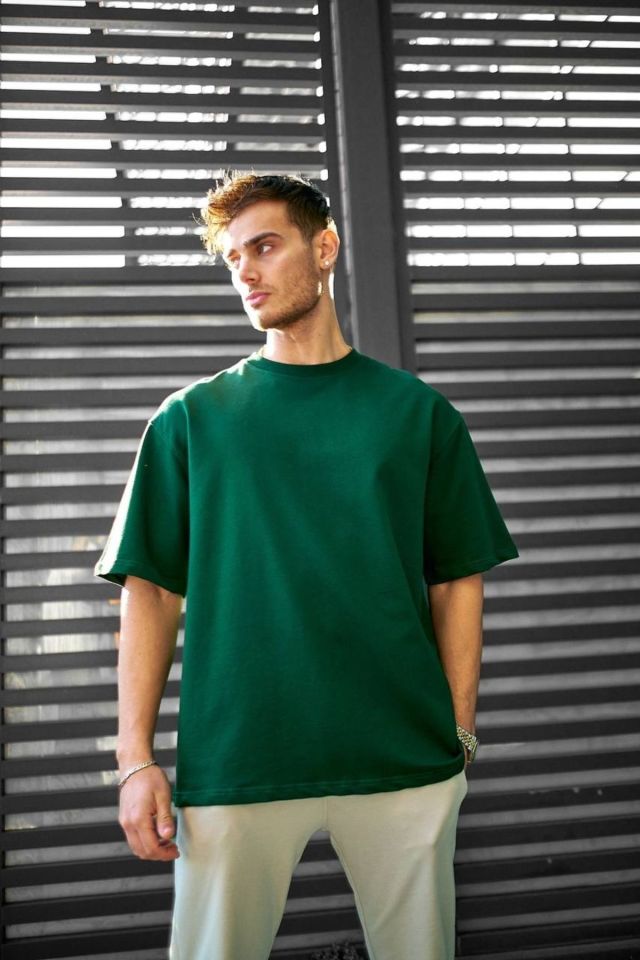 Pamuklu Unisex Oversize Basic T-shirt YEŞİL - L