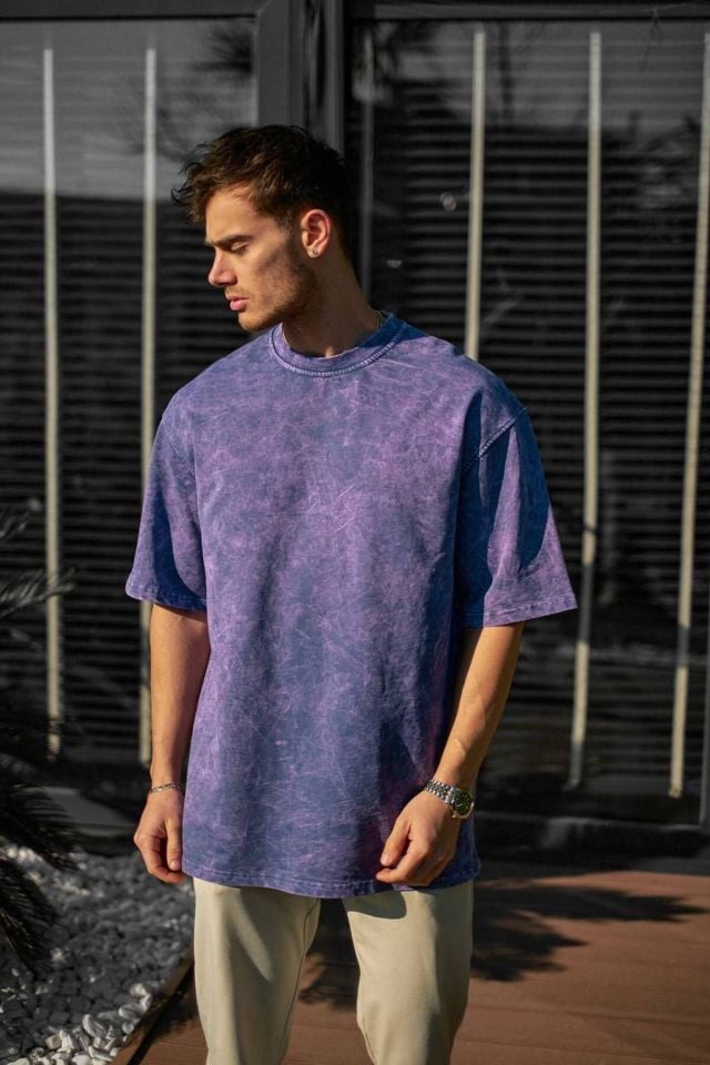 Yıkama Detay Oversize Unisex Penye Tshirt MOR - XL