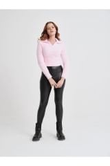 V Yaka Esnek Crop Kadın Yumoş Kazak PEMBE