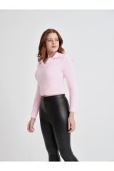 V Yaka Esnek Crop Kadın Yumoş Kazak PEMBE