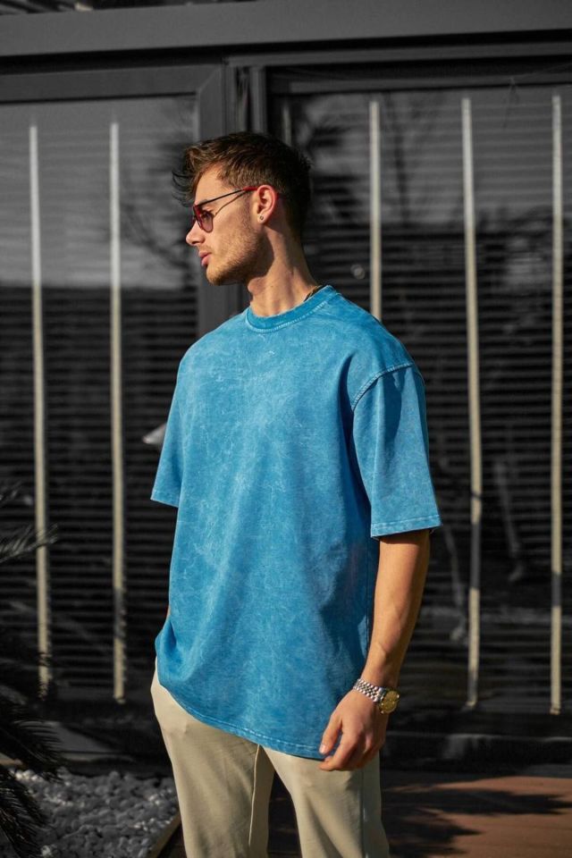Yıkama Detay Oversize Unisex Penye Tshirt MAVİ - L