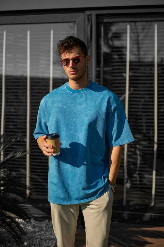 Yıkama Detay Oversize Unisex Penye Tshirt MAVİ - L