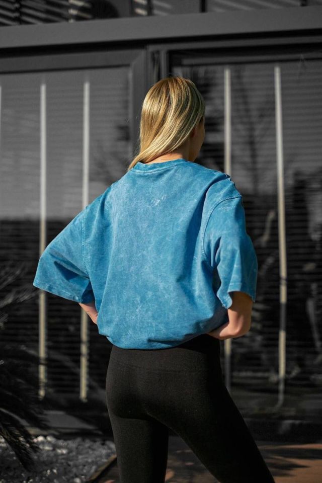Yıkama Detay Oversize Unisex Penye Tshirt MAVİ - L