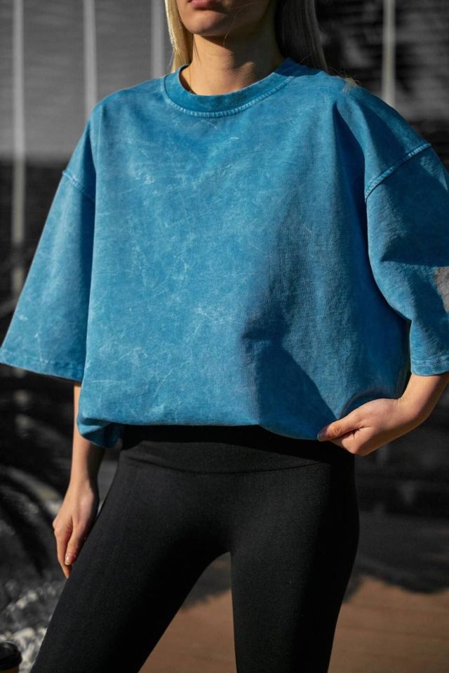 Yıkama Detay Oversize Unisex Penye Tshirt MAVİ - L