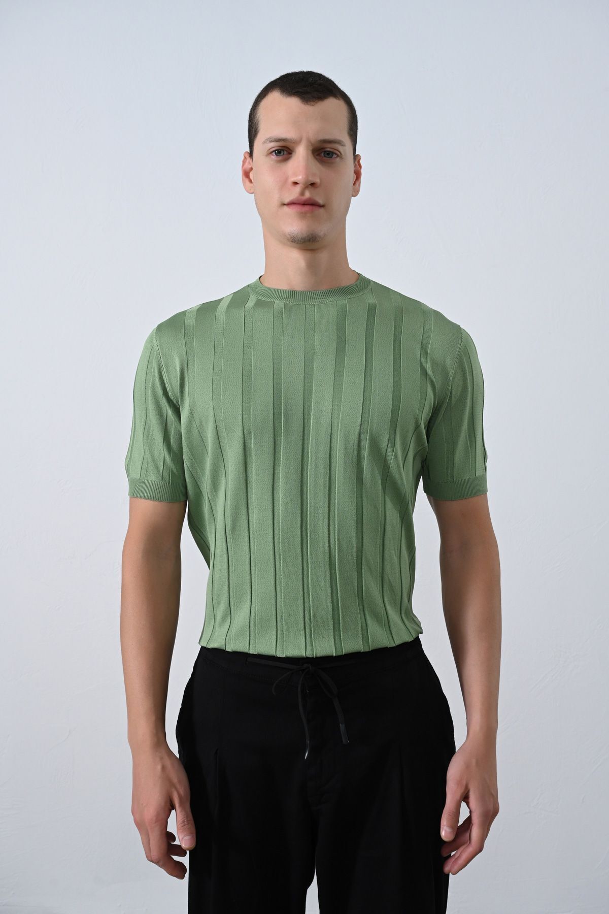 Premium Şeritli Triko T-shirt YEŞİL - S