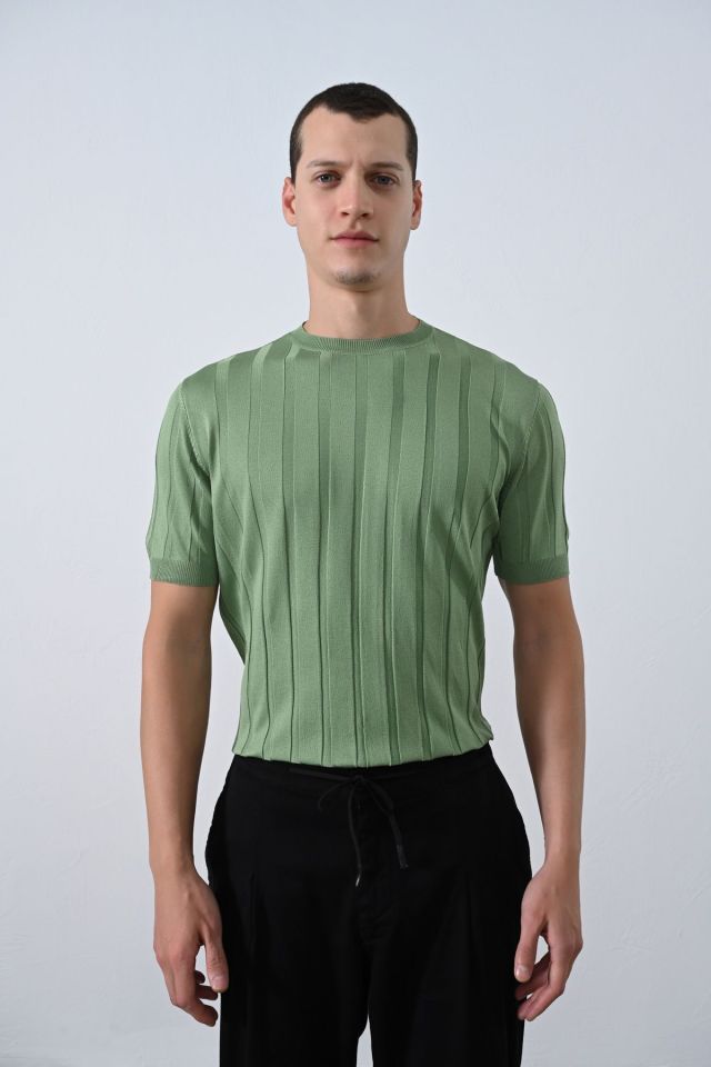 Premium Şeritli Triko T-shirt YEŞİL - S