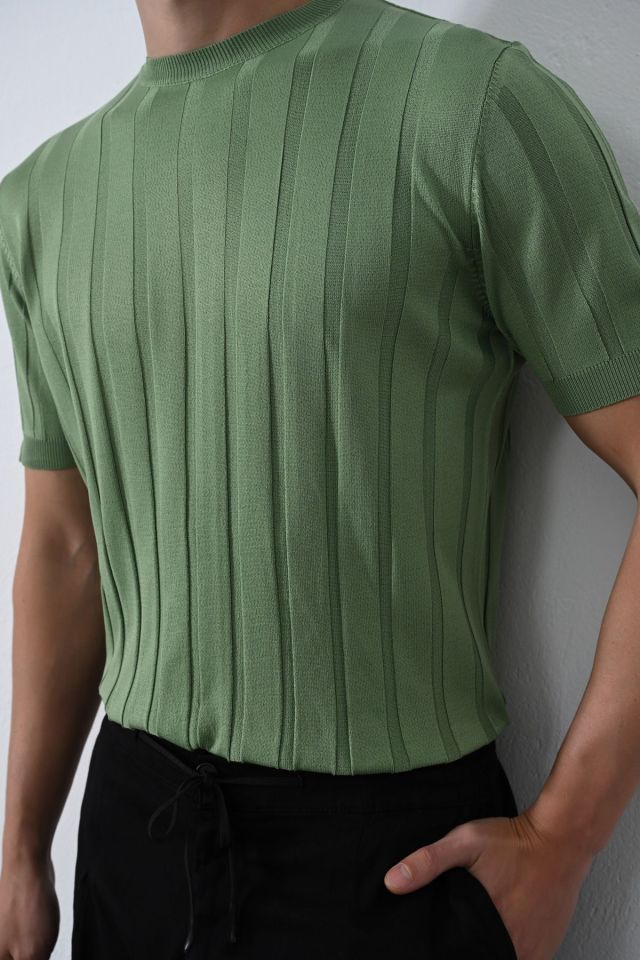 Premium Şeritli Triko T-shirt YEŞİL - S