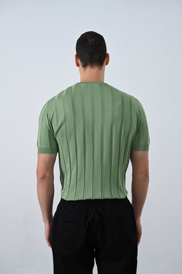 Premium Şeritli Triko T-shirt YEŞİL - S