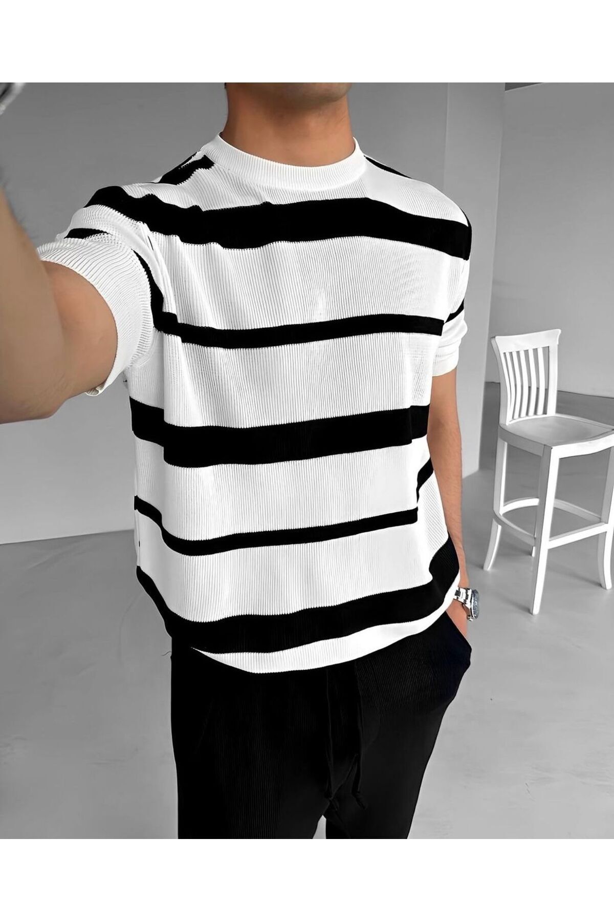 Premium Oversize Çizgili Triko Tshirt BEYAZ - L