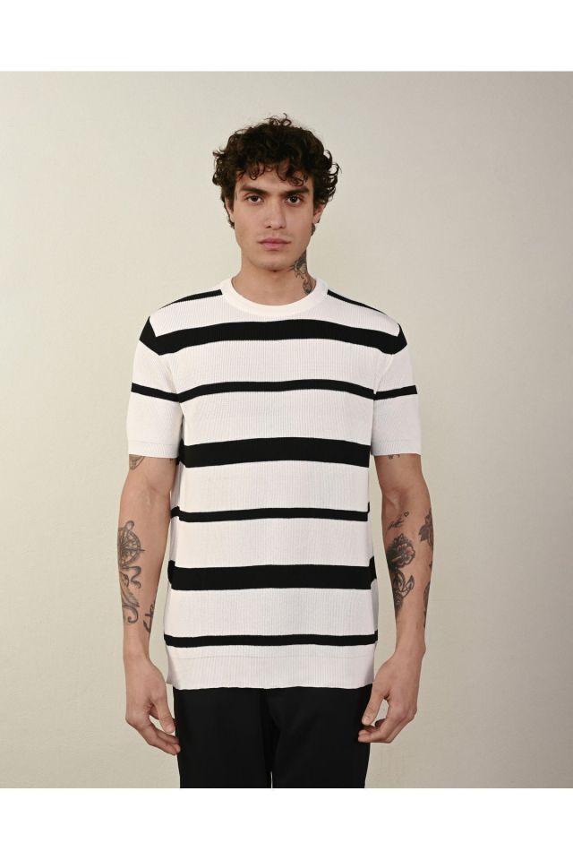 Premium Oversize Çizgili Triko Tshirt BEYAZ - L