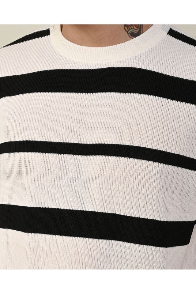 Premium Oversize Çizgili Triko Tshirt BEYAZ - L
