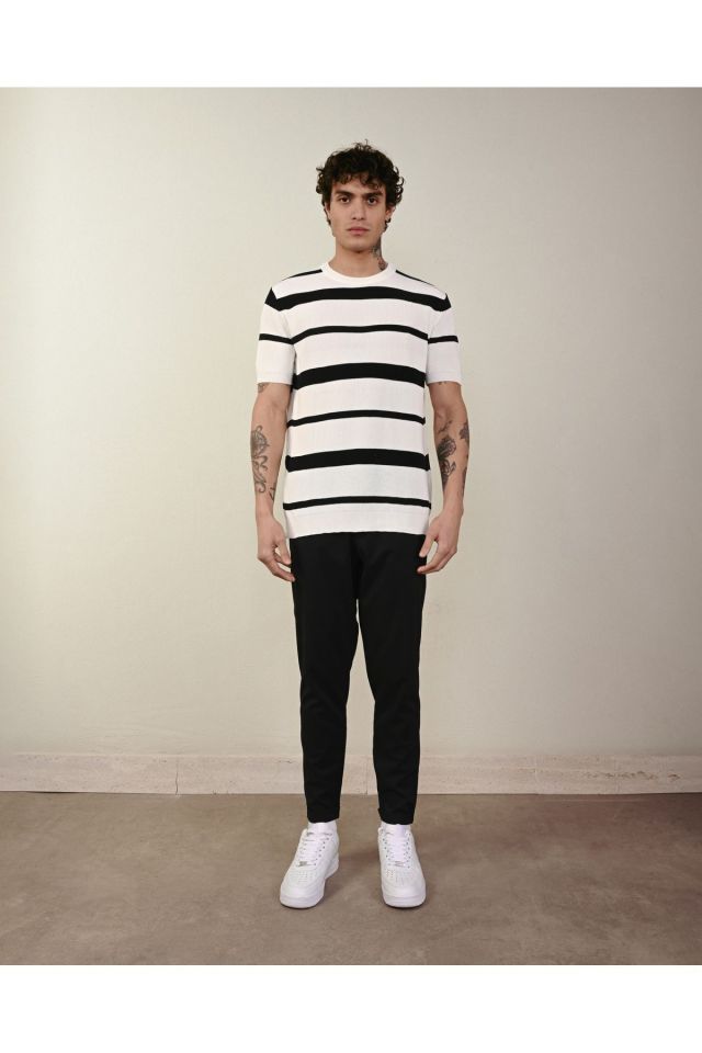 Premium Oversize Çizgili Triko Tshirt BEYAZ - L