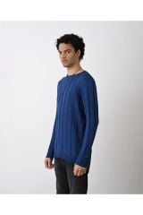 Slim Fit Şeritli Erkek Triko İNDİGO - S