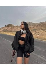 Oversize Unisex Paraşüt Mevsimlik Bomber Ceket SİYAH - S