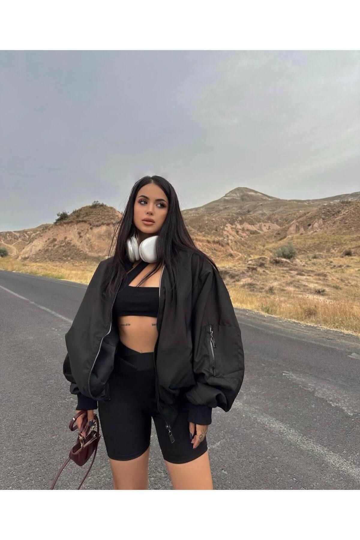 Oversize Unisex Paraşüt Mevsimlik Bomber Ceket SİYAH - S
