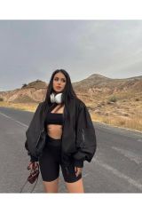 Oversize Unisex Paraşüt Mevsimlik Bomber Ceket SİYAH - S