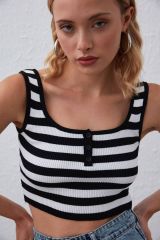 Çizgili Crop Kadın Triko SİYAH İNCE BEYAZ ÇİZGİLİ