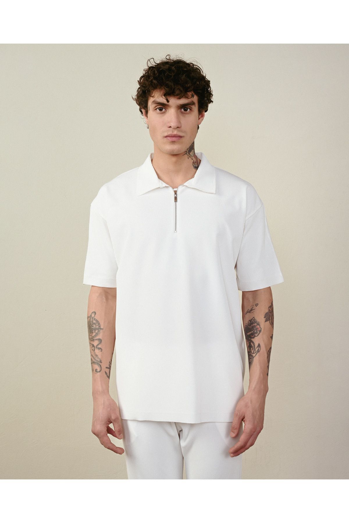 Fermuarlı Ottoman Oversize Erkek T-shirt BEYAZ - S