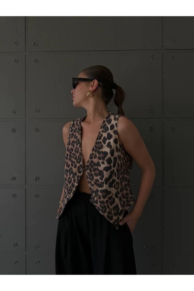 Double Kumaş Kadın Yelek Leopar Desen - S