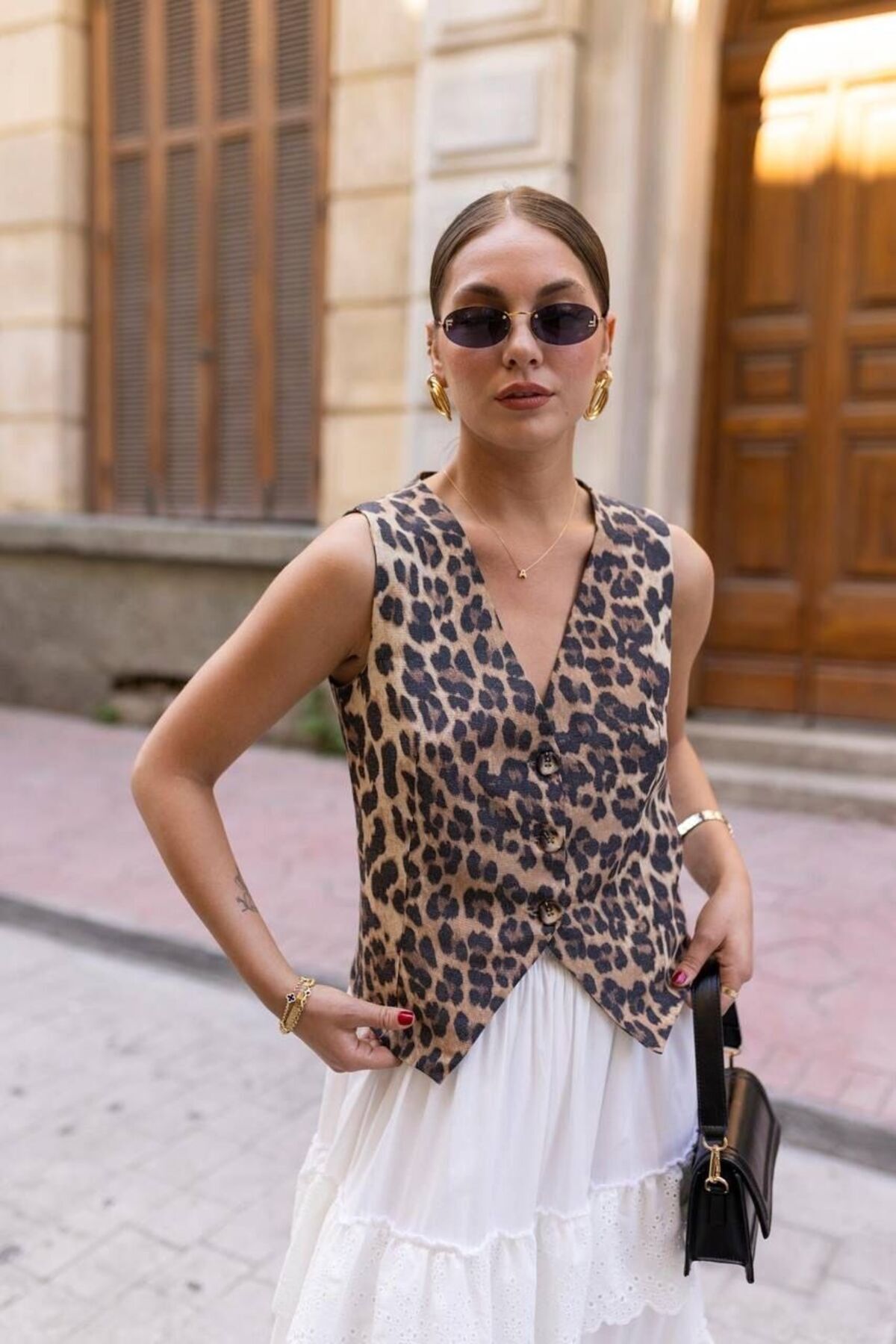Double Kumaş Kadın Yelek Leopar Desen - S