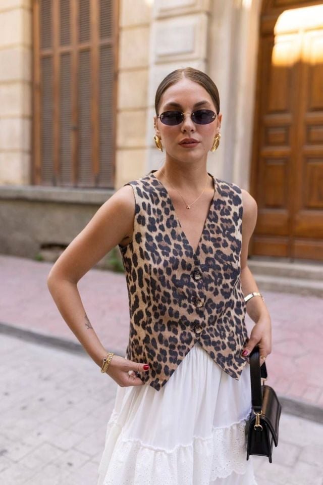 Double Kumaş Kadın Yelek Leopar Desen - S