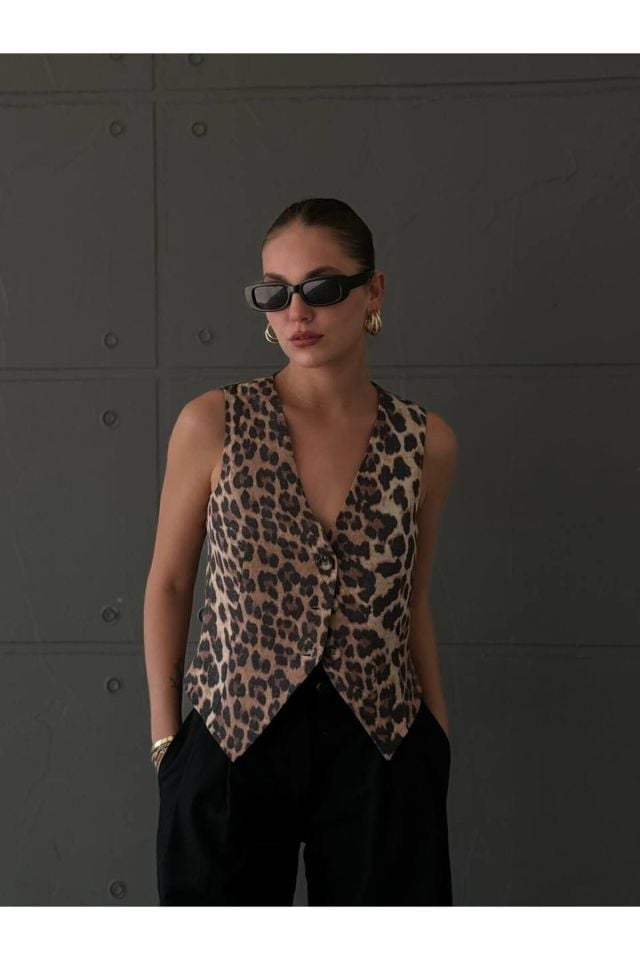 Double Kumaş Kadın Yelek Leopar Desen - S