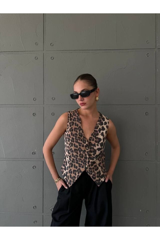 Double Kumaş Kadın Yelek Leopar Desen - S