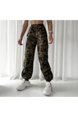 Kadın Oversize Paraşüt Kumaş Pantolon Kamuflaj - L