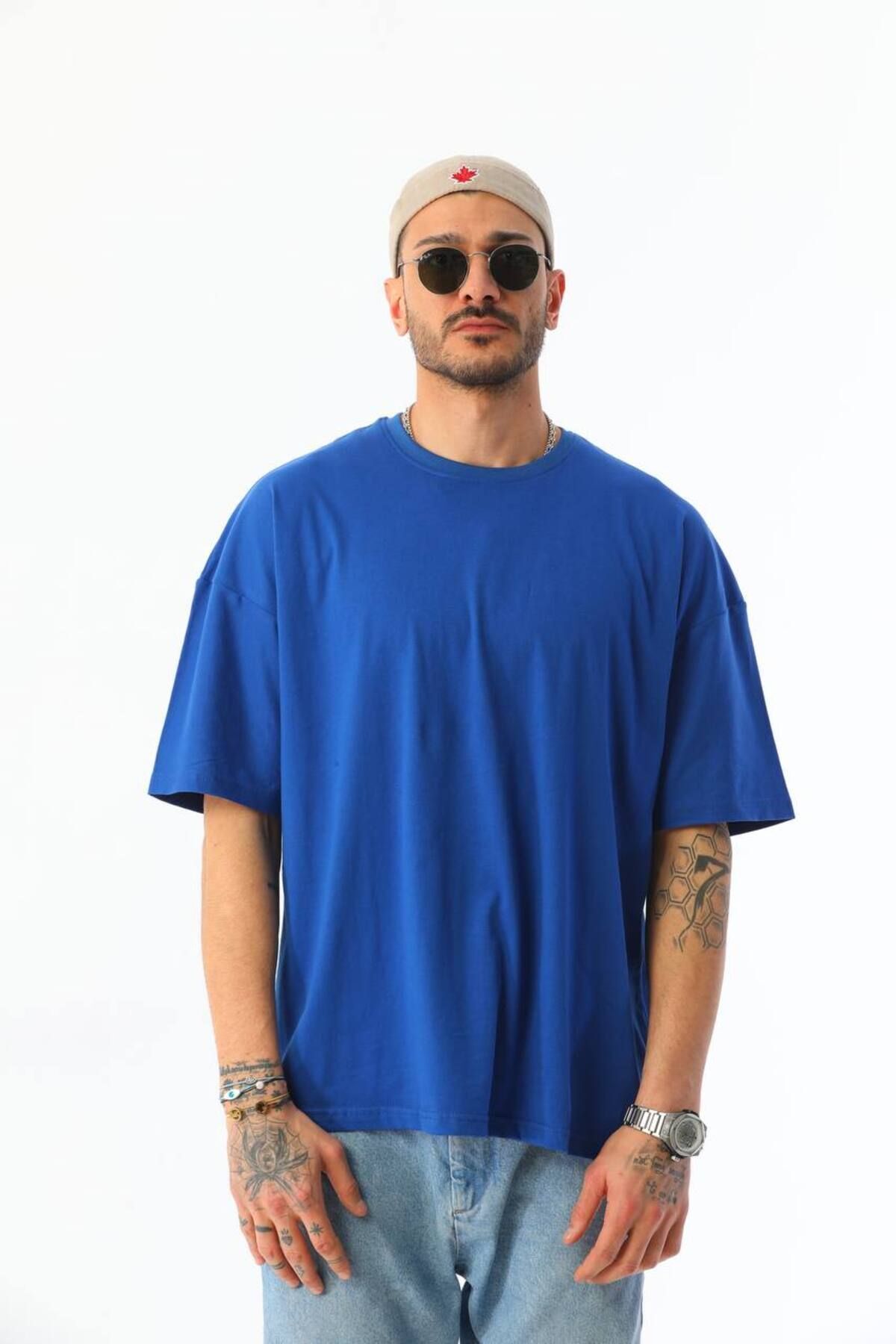 Pamuklu Unisex Oversize Basic T-shirt MAVİ - L